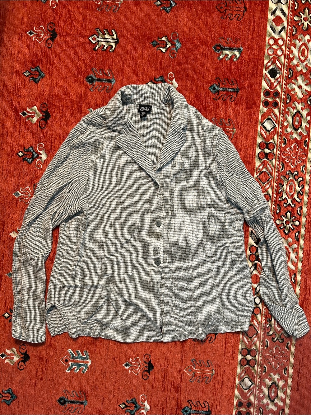 Eileen Fisher Light Blue Micro-Check Button Blouse